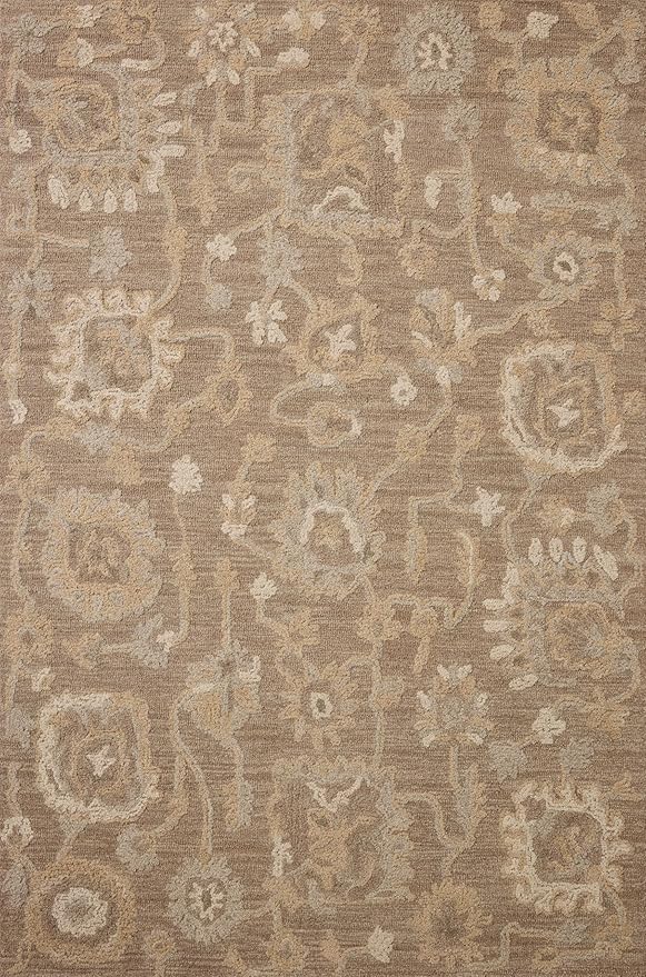 Loloi Chris Loves Julia Dorothea Collection DRT-01 Bark/Stone 2'-6" x 7'-6" Runner Rug Wool Neutral Floral Living Room Bedroom Carpet