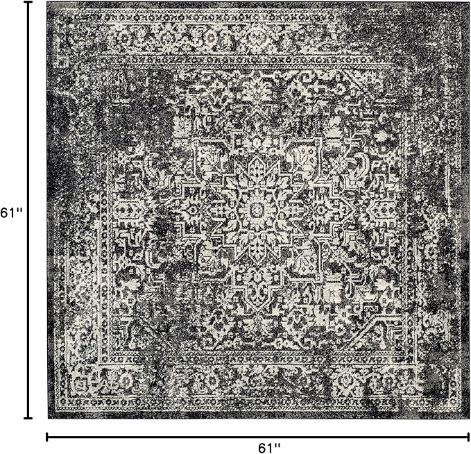 SAFAVIEH Evoke Collection Area Rug - 5'3" Square, Black & Grey, Distressed Design, Non-Shedding & Easy to Clean, Ideal for Living Room, Bedroom, Dining Space (EVK256R)