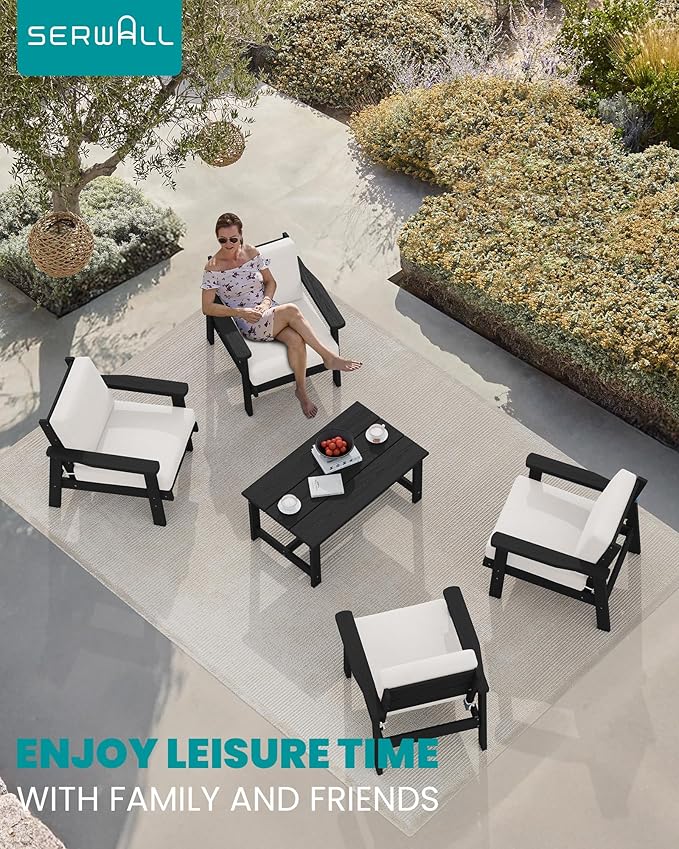 SERWALL Outdoor Patio Furniture Set, 5 Piece HDPE Patio Conversation Sets, All-Weather Wood-Like Outdoor Couch Loveseat and Coffee Table with Thick Cushions for Porch Balcony Garden Backyard