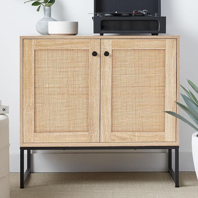 Best Choice Products 2-Door Rattan Storage Cabinet, Accent Furniture, Multifunctional Cupboard for Living Room, Hallway, Kitchen, Sideboard, Buffet Table w/Non-Scratch Foot Pads - Natural