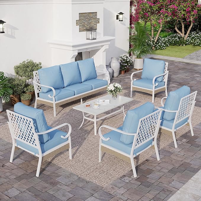 6 Piece Metal Outdoor Patio Furniture Sets, Patio Conversation Sets 1 3-seater Sofa, 4 Single Sofa with 5.75" Extra Thick Cushion and Coffee Table, White Frame Backyard Furniture, Blue