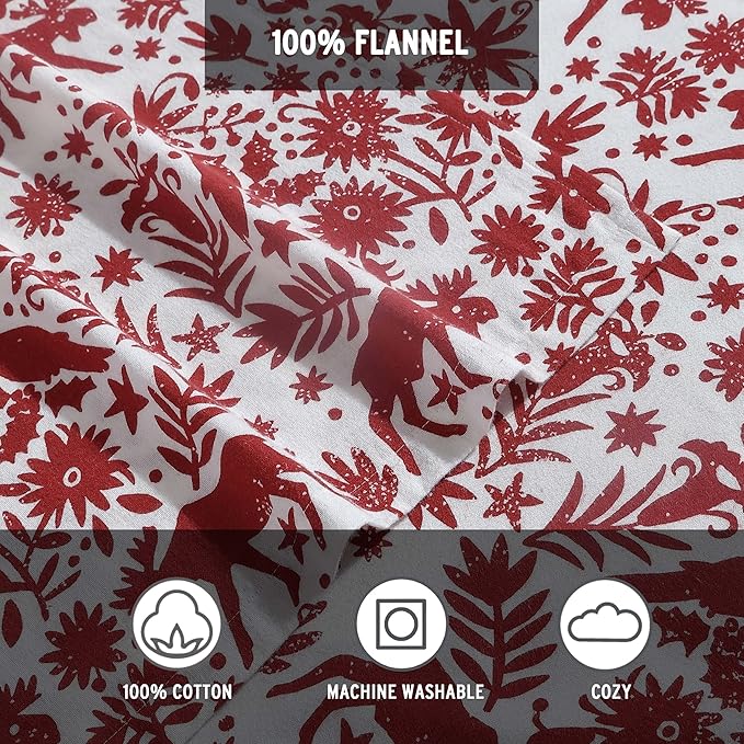 Eddie Bauer 4 Pc Flannel Sheets King Size - 100% Cotton Breathable & Soft King Size Sheets Set (1 Flat, 1 Flannel Fitted Sheet, 2 Pillowcases) - 15" Deep Pocket All Seasons Sheet Set (Arcadia Red)