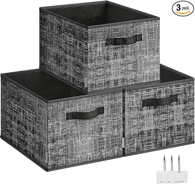SONGMICS Storage Cubes, 15.7 x 11.8 x 9.5 Inches Non-Woven Fabric Bins with Double Handles, Set of 3, Closet Organizers for Shelves, Foldable, for Clothes, Ink Black UROB440B01