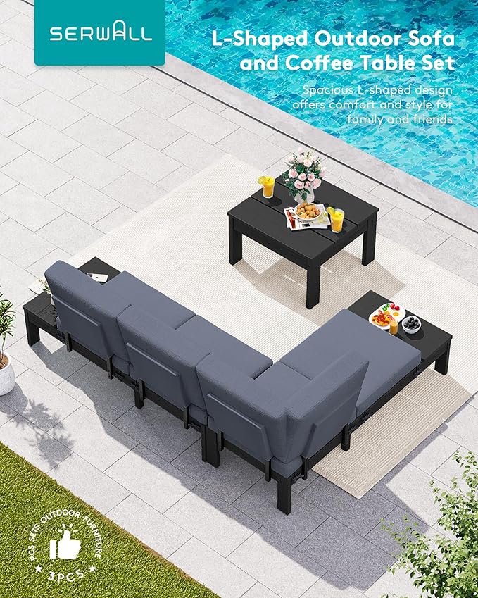 SERWALL HDPE Patio Furniture Set, Modular Outdoor Sectional Sofa Set with Built-in Side Tables, Seats 4, All-Weather Patio Conversation Set for Garden, Deck, Porch, Black Frame with Grey Cushion