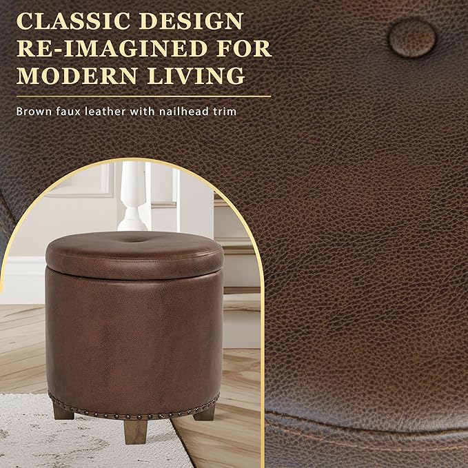 Homepop Home Decor | Upholstered Round Storage Ottoman with Nailheads| Ottoman with Storage for Living Room & Bedroom, Brown Faux Leather