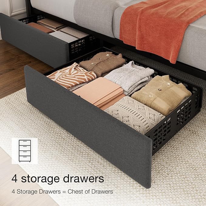 Garvee Queen Size Bed Frame with 4 Storage Drawers, Adjustable Height Headboard, Linen Upholstered Platform Bed Frame, No Box Spring Needed, Easy Assembly, Grey