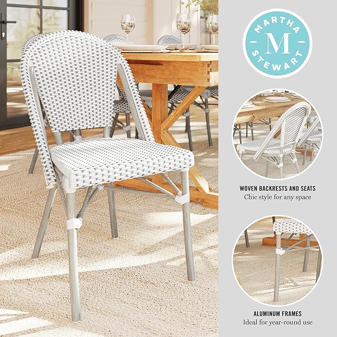 Martha Stewart Lily Pond Indoor-Outdoor Stackable Aluminum Bistro Chair with Gray Woodgrain Frame Finish and White/Gray Woven Rattan Backrest and Seat