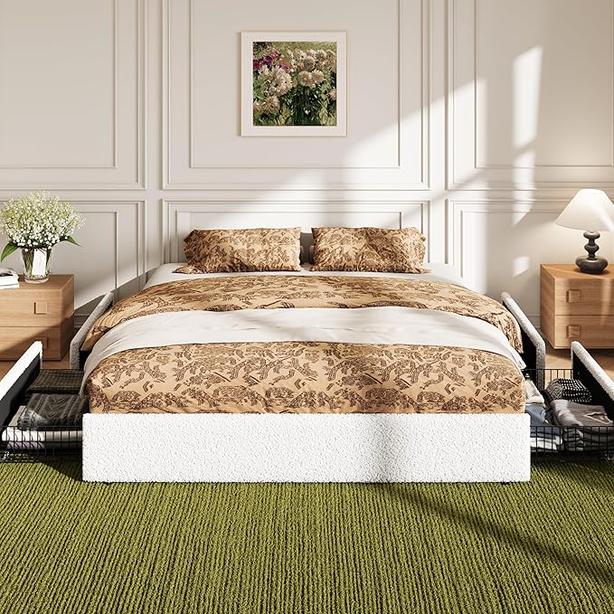 Allewie King Size Bed Frame with 4 Oversized Storage Drawers, Soft Teddy Fabric, Boucle Upholstered Platform Bed, Wooden Slats Support, Noise-Free, No Box Spring Needed, Easy Assembly, White