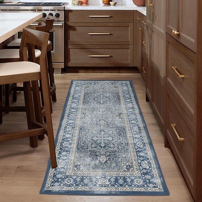 RUGGABLE Washable Vintage Runner Rug – Kamran Admiral Blue 2.5x10, Stain-Resistant, Non-Slip Hallway Runner – Machine Washable Rug for Hallway, Entryway, Living Room & Kitchen–with Standard Pad