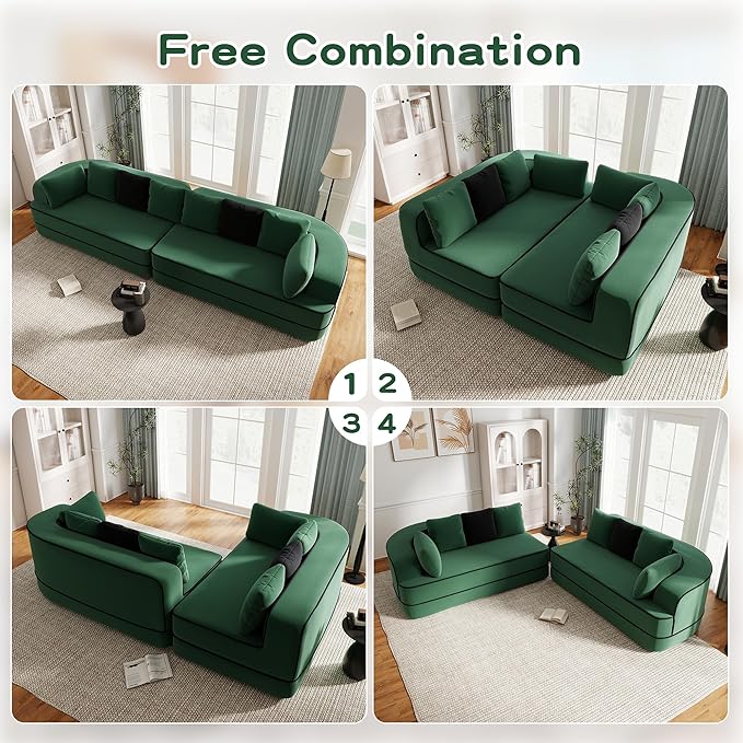 135" Modular Sectional Couch, 4-Seater with Throw Pillows Modern Teddy Fabric Foam Boneless Sofa for Living Room, Oversized with Deep Seat, No Assembly Required,Green