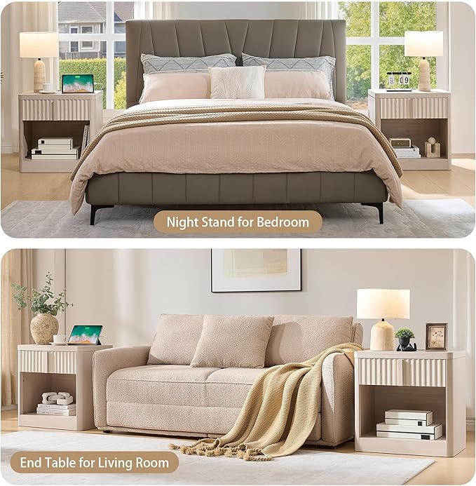 Fluted Nightstand Set of 2 with Charging Station, 23.6" End Table with Open Shelf and Drawers Storage, Bedside Table with Solid Wood Handle, Curved Profile Design, Night Stand for Bedroom