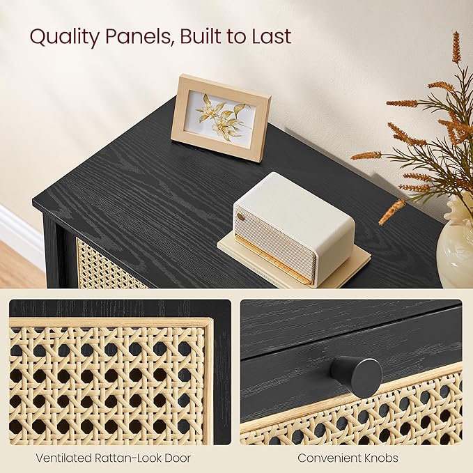 VASAGLE Boho Buffet Cabinet, Synthetic Rattan Sideboard with Drawers, Storage Cabinet with Adjustable Shelves, Ink Black UBBK242B01