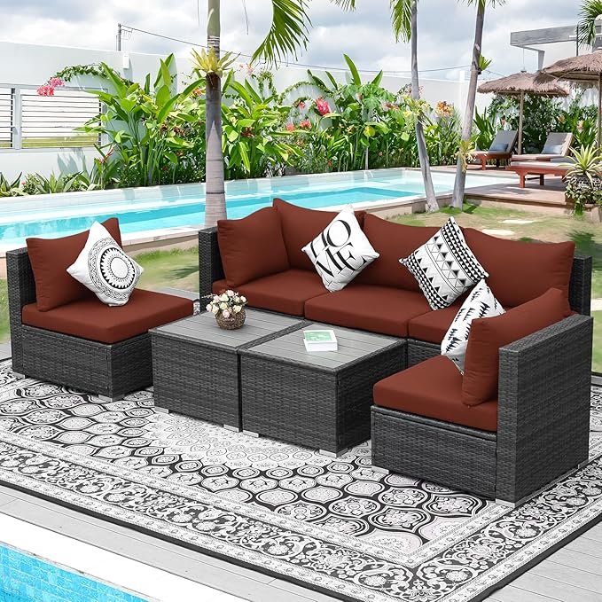 NICESOUL 7 Pieces Modern Luxury 29.3'' High Back Outdoor Furniture Sofa Set, Extra Large Size Grey PE Wicker Patio Modular Sectional with Tables, All-Weather Rattan Conversations for Backyard, Wine