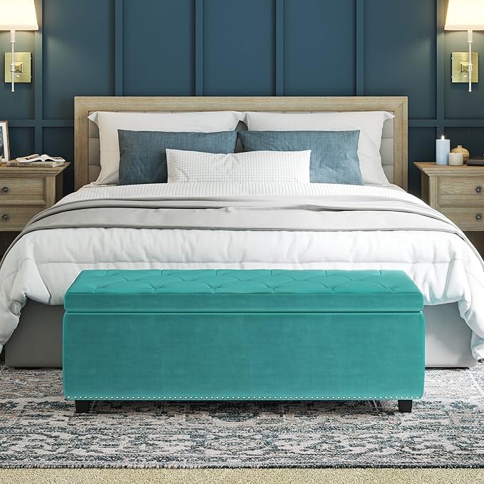 SIMPLIHOME Hamilton 48 inch Wide Traditional Rectangle Storage Ottoman in Aqua Blue Velvet Fabric, Assembled for the Living Room, Entryway and Family Room