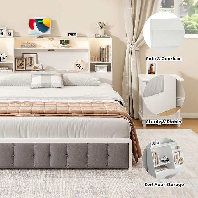 Queen/Full Headboard Queen Size with Storage, Wood Bookcase Headboard with Charging Station & 2 LED Lights, Modern Headboard Only for Queen Size Bed, Noise-Free, Sturdy and Durable, White