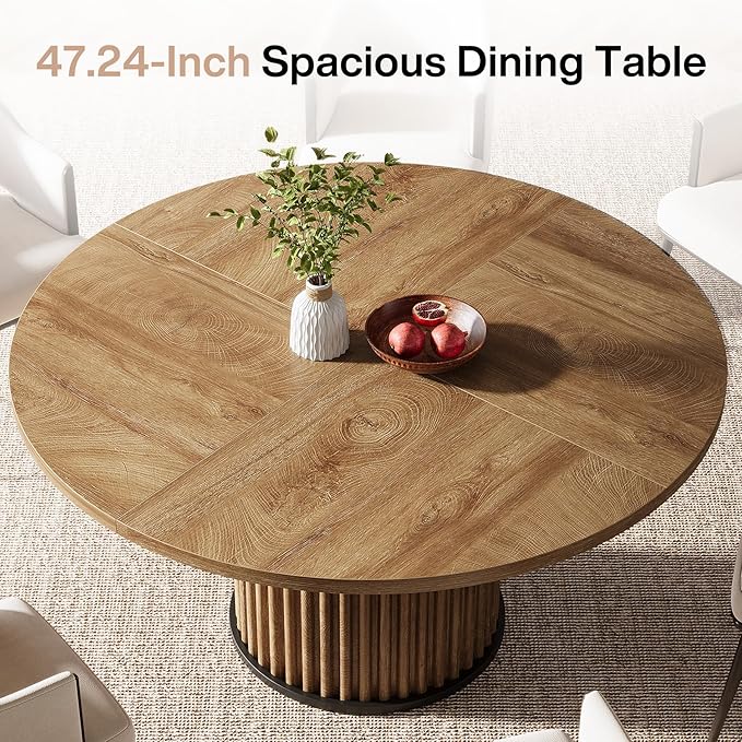 Tribesigns Round Dining Table for 4-6, 47-Inch Modern Circle Kitchen Table with Fluted Round Base, Farmhouse Wood Dinner Table for Dining Room, Kitchen, Living Room, Brown
