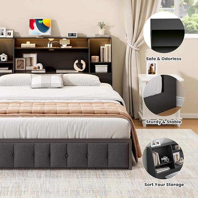 Queen/Full Headboard Queen Size with Storage, Wood Bookcase Headboard with Charging Station & 2 LED Lights, Modern Headboard Only for Queen Size Bed, Noise-Free, Sturdy and Durable, Black
