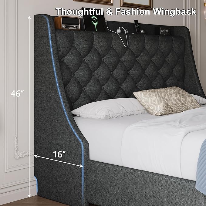 Queen Size Upholstered Platform Bed Frame with 4 Storage Drawers and Charging Station, Linen Button Tufted Wingback Headboard, Sturdy Wooden Support Slats, No Box Spring Needed, Dark Grey