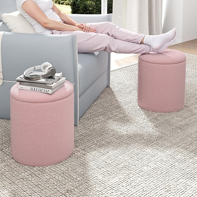 Ottoman Poufs with Storage, Set of 2 Soft Upholstered Vanity Stool,Multifunctional Ottomans Coffee Table Padded Seat Foot Rest for Living（Pink, Pack of 2）