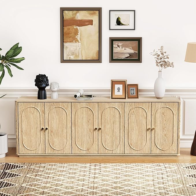 63'' Fluted Sideboard Buffet Cabinet with Storage and 6 Doors, Low Storage Cabinet Modern Wooden Accent Credenza Console Table for Kitchen Dining Living Room Entryway, (63"W*15.75"D*21.4"H) Natural