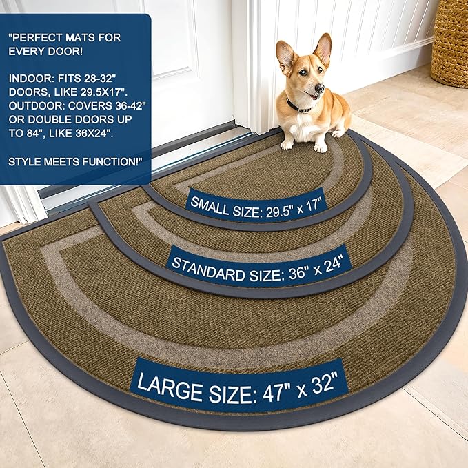 OLANLY Half Circle Door Mat Indoor Outdoor Entrance Welcome, Waterproof All-Season, All-Weather Doormat, Sturdy Natural Rubber, Low Profile, Easy Clean Patio Porch Entryway Mat, 59x35, Brown