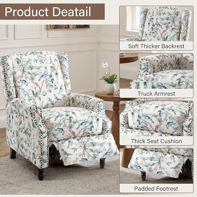 UIXE Pushback Floral Recliner Chair, Fabric Upholstered Armchair Push Back Accent Chair for Living Room, Rivet Trim Club Chair Home Theater Single Sofa Bedroom Reading Seat - Bird
