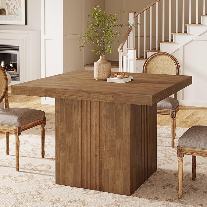 Tribesigns 39-Inch Square Dining Table for 4, Farmhouse Kitchen Dinner Table with Fluted Pedestal Base for Dining Room, Kitchen, Living Room, Apartments, Small Space, Easy to Assemble, Brown