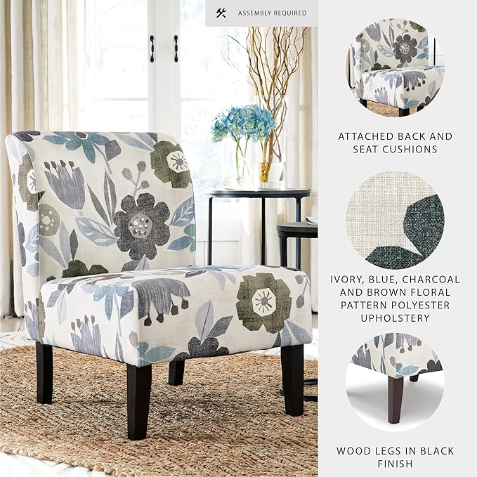 Signature Design by Ashley Triptis Floral Armless Accent Chair with Attached Cushions, Fabric Upholstery, Wood Legs, 16.63" Seat Height, White, Blue & Gray