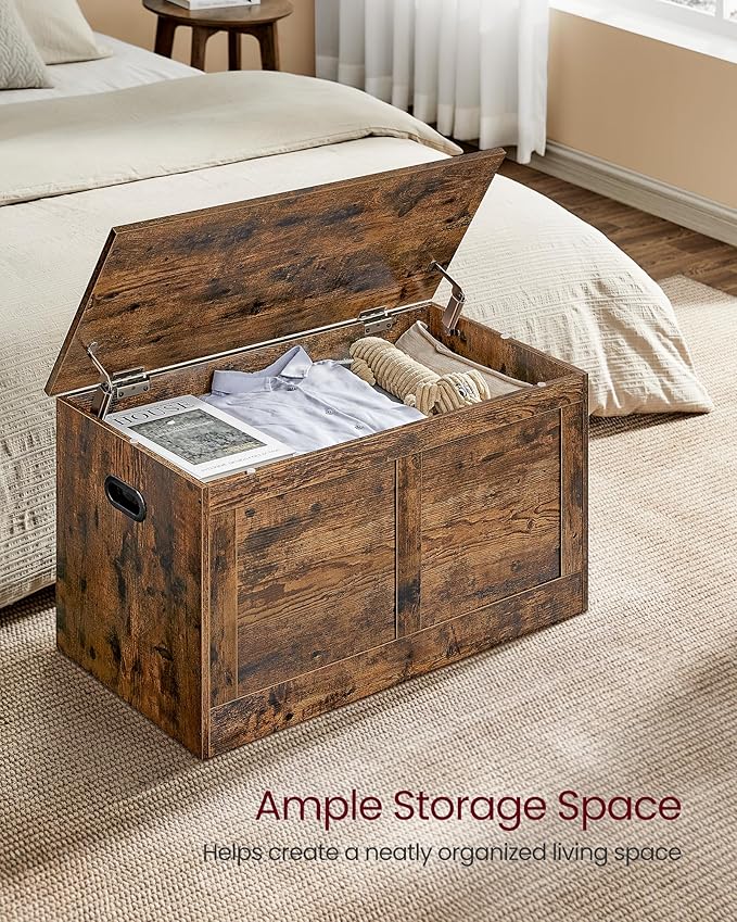 VASAGLE Storage Chest, Storage Trunk with 2 Safety Hinges, Storage Bench, Shoe Bench, Farmhouse Style, 15.7 x 31.5 x 18.3 Inches, for Entryway, Bedroom, Living Room, Rustic Brown ULSB064K01