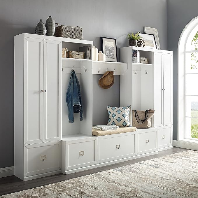 Crosley Furniture Harper 6-Piece Hall Tree, Storage Cabinet, Shoe Rack Bench, and Wall Shelf Set with Hooks, White