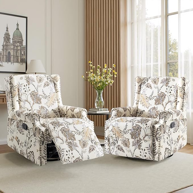 Swivel Glider Recliner Chairs Set of 2, High Back Rocker Reclining Accent Chair with Smooth Manual Mechanism for Nursery, Comfortable & Quiet Upholstered Armchair Seating-Cream Plant