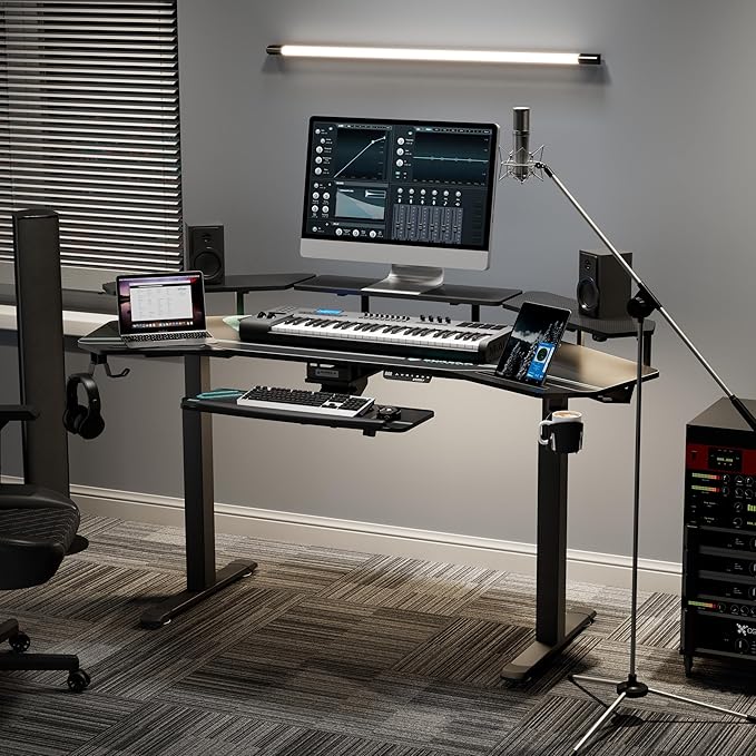 EUREKA ERGONOMIC Gaming Desk, Standing Desk w Keyboard Tray, 72" Wing Shaped Music Studio Table with LED Shelves, Gaming Recording Live Stream, Slot Design