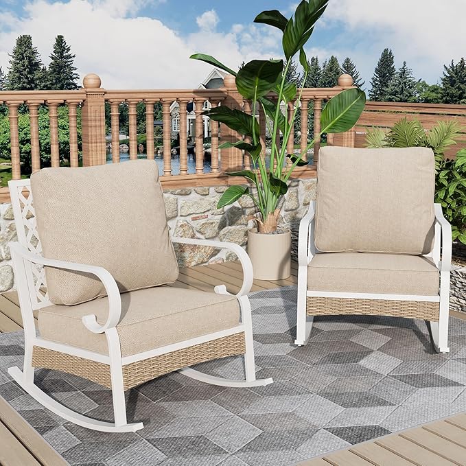 Outdoor Patio Rocking Sofa Chairs Set of 2 Steel Frame Porch Furniture with Deep Seating and 5.5" Cushions for Lawn Backyard Deck, Beige