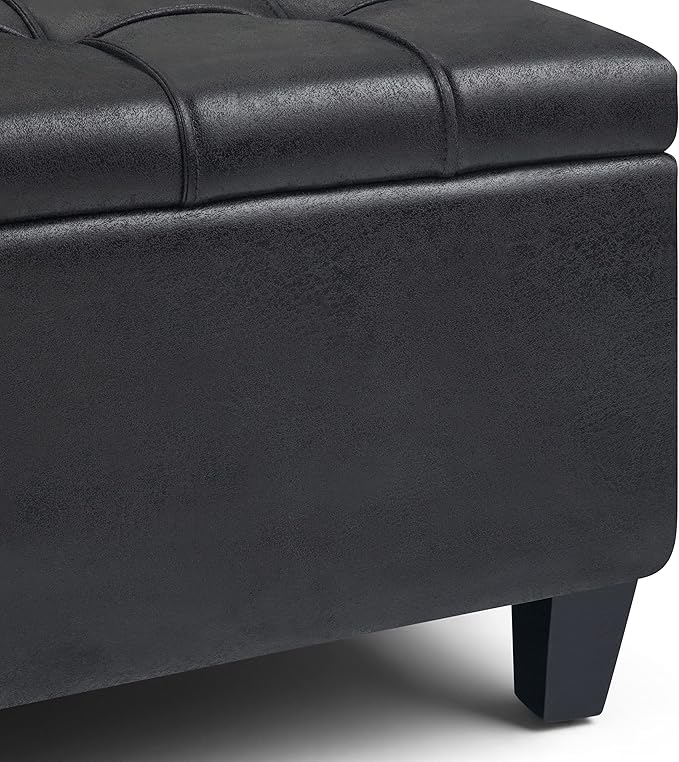 SIMPLIHOME Harrison Coffee Table Storage Ottoman - 36 inch Wide Upholstered Vegan Leather Square Lift-Top Ottoman in Distressed Black, Transitional Ottoman for Living Room with Hidden Storage