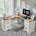 T4TREAM L Shaped Desk with Drawers,59" Farmhouse Wood Home Office Executive Desk,Charging Station,File Drawer, Storage Cabinet,Computer Desk for Work and Study (Antique White)