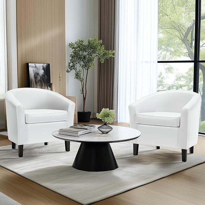 Yaheetech White Accent Chairs Set of 2, Faux Leather Barrel Chairs, Modern Living Room Chairs, Comfy Club Chairs with Sturdy Wood Legs for Bedroom/Reading/Room/Waiting Room, White