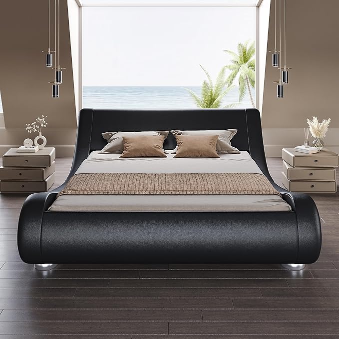 SHA CERLIN Queen Size Upholstered Bed Frame, Deluxe Low Profile Sleigh Bed with Faux Leather Ergonomics Headboard, No Box Spring Needed & Easy Assembly, Black