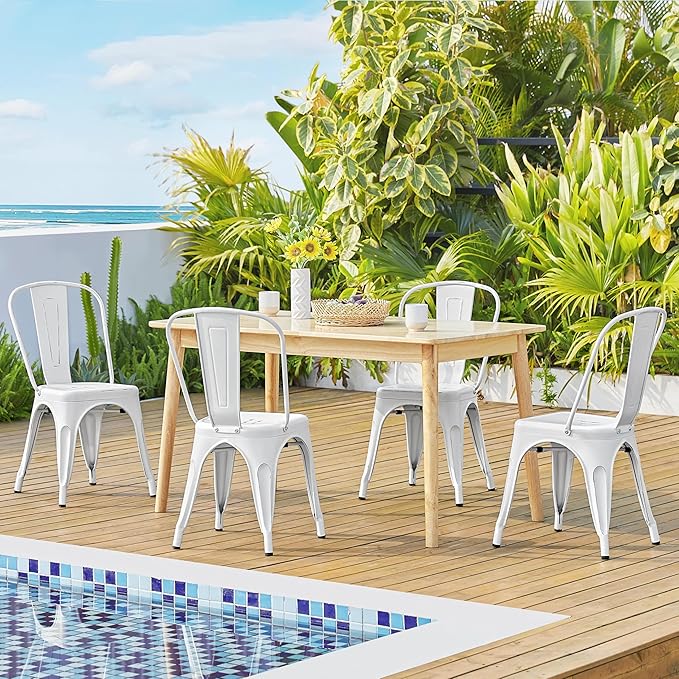 Yaheetech Metal Dining Chairs Set of 4, Industrial Stackable Kitchen Chairs with Back for Dining Room/Restaurant/Bistro/Patio, Indoor & Outdoor Use, Distressed White