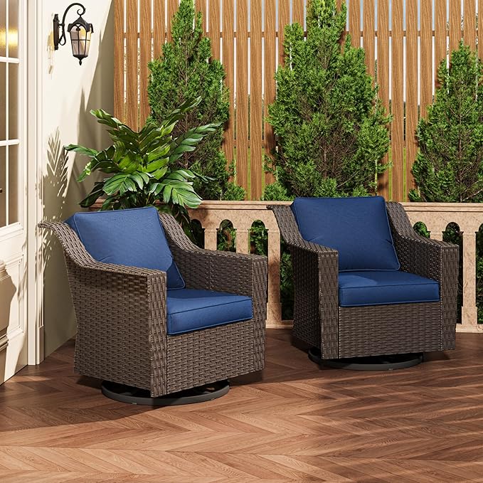Patio 2 Pieces Wicker Swivel Chairs Set of 2，Outdoor PE Rattan Rocking Glider Armchairs, Water-Resistant Cushions with Removable and Washable Covers, Porch, Balcony, Sunroom (Navy Blue)