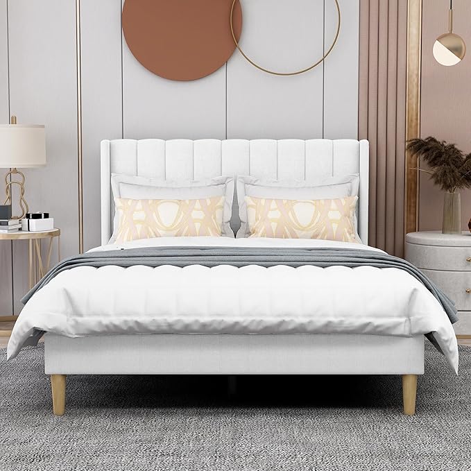 AGARTT Upholstered Platform Bed Frame Full Size with Headboard and Footboard/Wooden Slats Support/No Box Spring Needed/Easy Assembly,White Linen