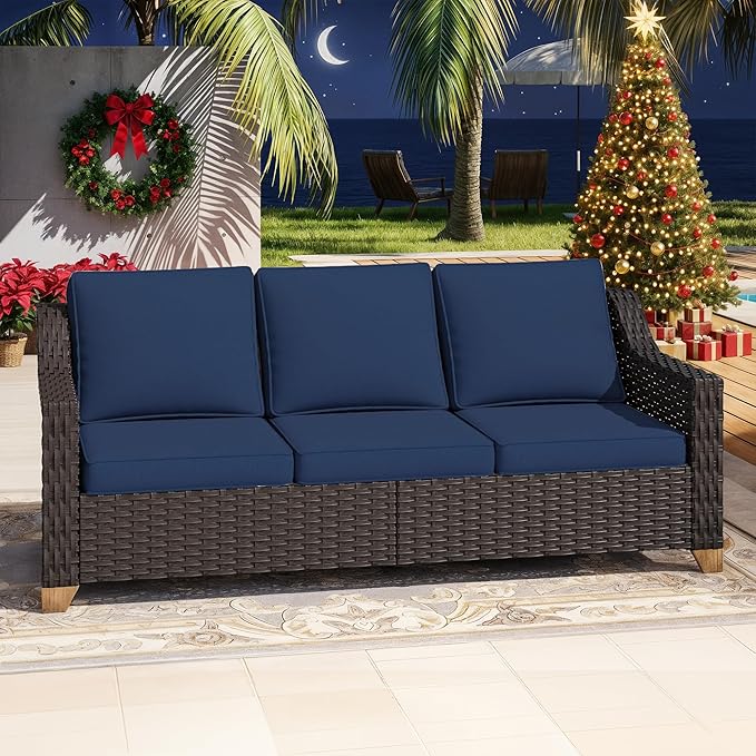 77'' Patio Sofa, All Weather Outdoor Rattan Wicker 3-Seat Sofa High Back Couch with Premium Cushions for Garden Backyard Porch(Brown/Navy)