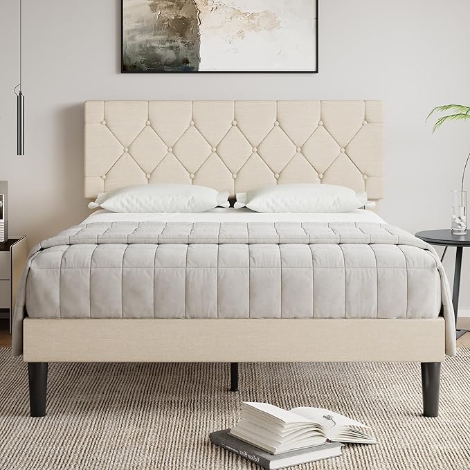 VECELO Full Size Bed Frame with Button Tufted Headboard, Upholstered Platform with Wooden Slat Support, No Box Spring Needed, Cream Beige