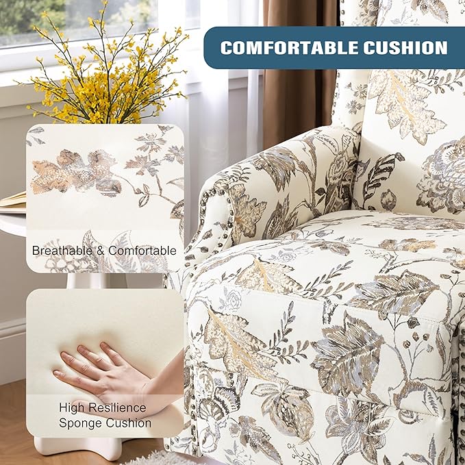 Swivel Glider Recliner Chairs Set of 2, High Back Rocker Reclining Accent Chair with Smooth Manual Mechanism for Nursery, Comfortable & Quiet Upholstered Armchair Seating-Cream Plant