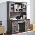 OKD 60" Executive Desk with Hutch and Drawers, Farmhouse Home Office Desk with Charging Station, Keyboard Tray, File Cabinet Storage, Wood Computer Desk for Work and Study, Dark Rustic Oak
