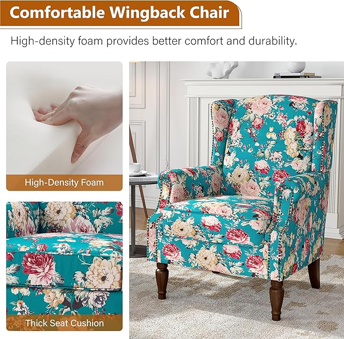 Wingback Accent Chair, High Back Upholstered Armchair, Floral Fabric Wingback Arms Chairs with Retro Solid Wood Legs, Single Sofa Reading Chair for Bedroom Living Room, Peacock Blue