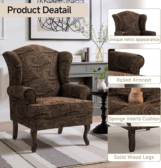 Pia Ricco High Back Floral Accent Chair, Upholstered Fabric Armchair with Solid Wood Legs - Retro Living Room Reading Chair, Comfortable Single Sofa Seat-Cranberry