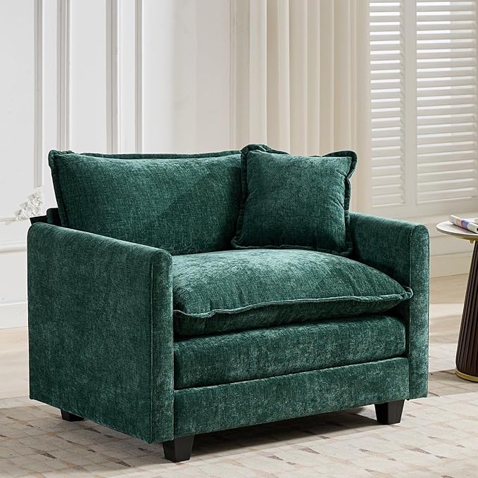 Aoowow Chenille Upholstered Accent Chair Oversized,Fluffy Single Cloud Sofa Chairs with Deep Seat,Modern Large Reading Arm Chair with Throw Pillow for Living Room,Bedroom (Green, Single Sofa Chair)