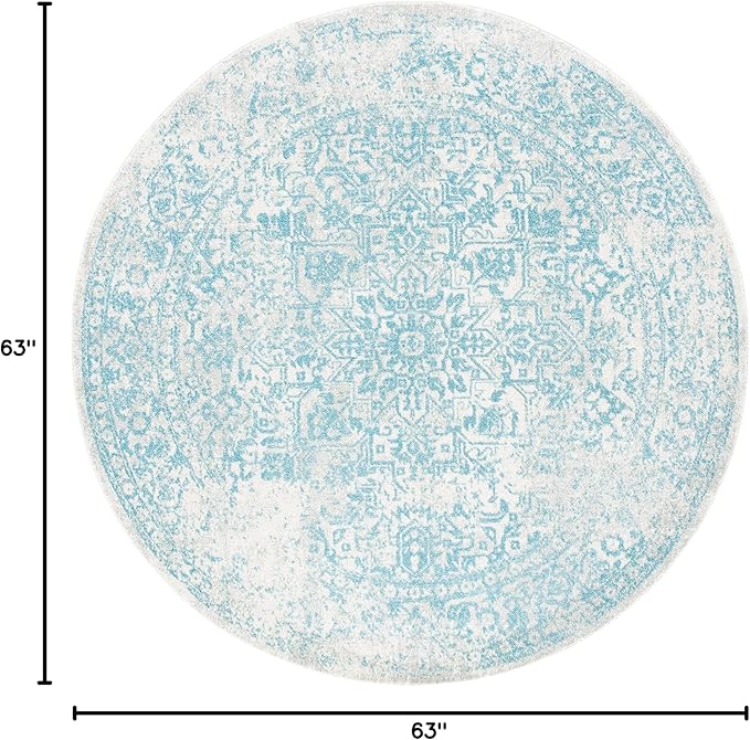 SAFAVIEH Evoke Collection Area Rug - 5'3" Round, Ivory & Aqua, Distressed Design, Non-Shedding & Easy to Clean, Ideal for Living Room, Bedroom, Dining Space (EVK256J)