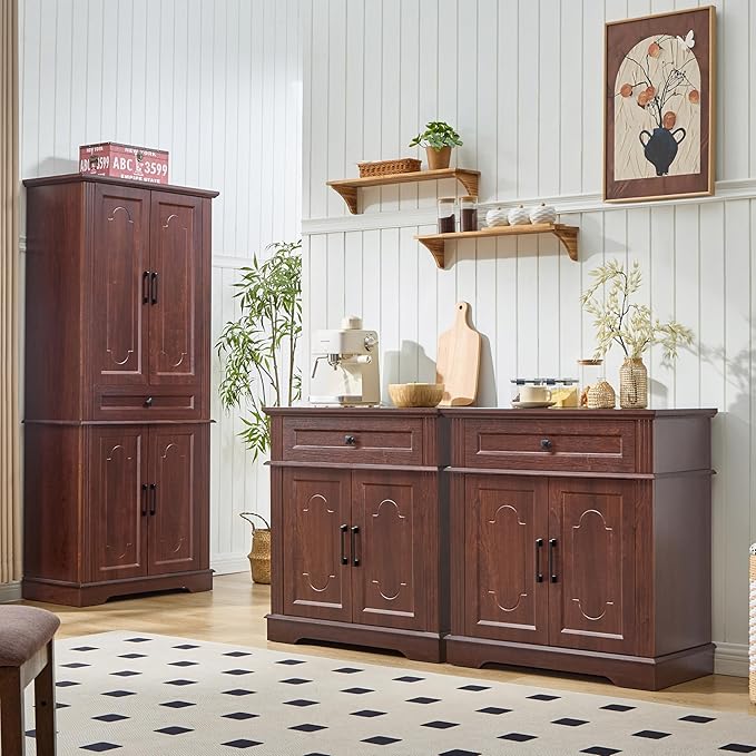 71" Tall Pantry Cabinet with Drawer and Adjustable Shelves, Modern Storage Cabinet with Doors, Kitchen Buffet Cabinet, Food Pantry Storage Cabinet, Coffee Bar, Living Room and Dining Room Cherry
