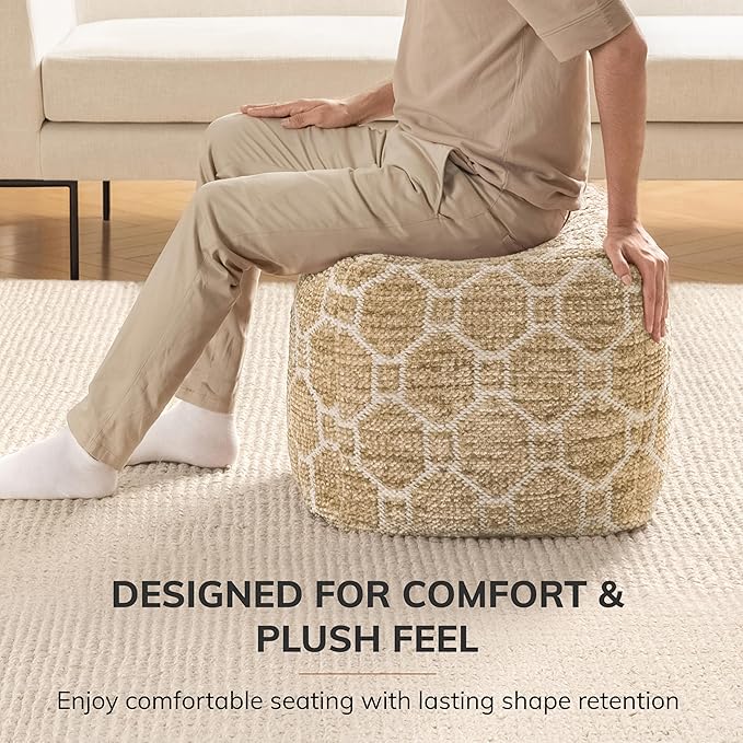 Anji Mountain Artisan Crafted Cotton Blend Pouf Ottoman | Versatile Floor Seating & Footstool for Living Room | Modern Boho Home Décor Accent | Filled Pouffe